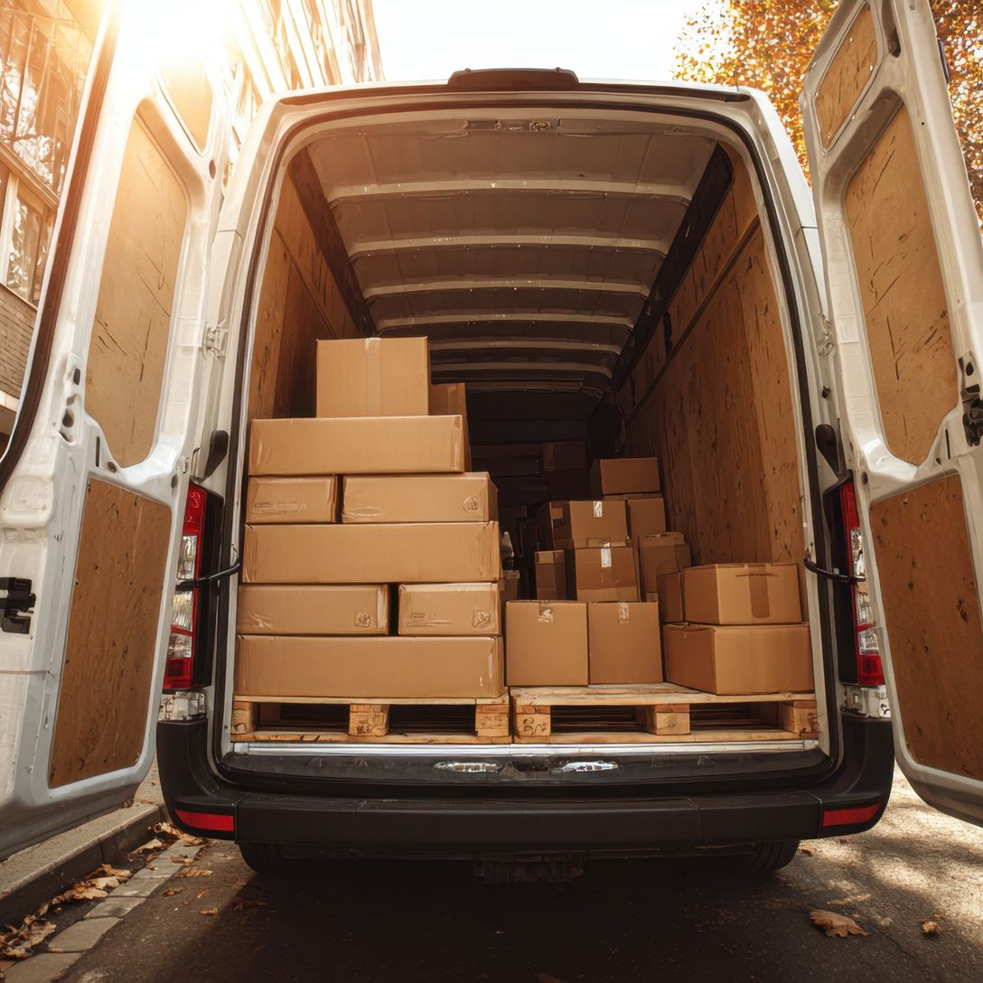 Les portes arrière de la camionnette s'ouvrent, révélant de nombreuses boîtes en carton empilées sur des palettes à l'intérieur.