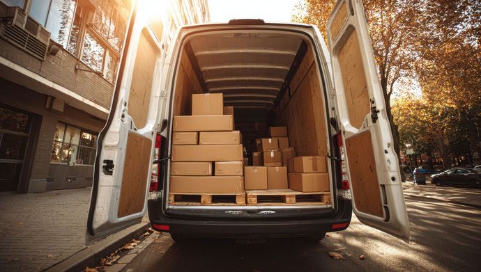 Chargement d'un semi-remorque avec des boîtes en carton sur un quai de chargement d'entrepôt.