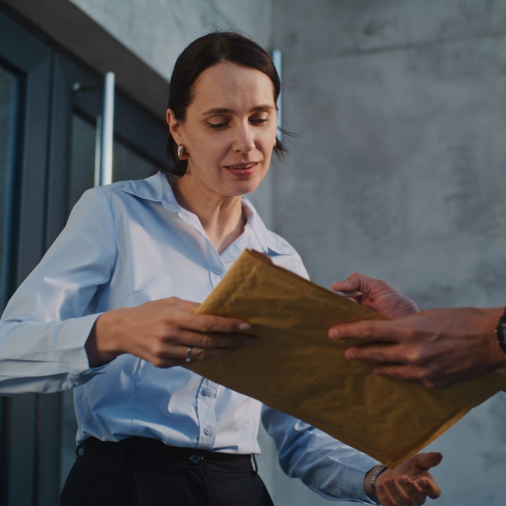 Une femme en chemise bleue reçoit une enveloppe marron.