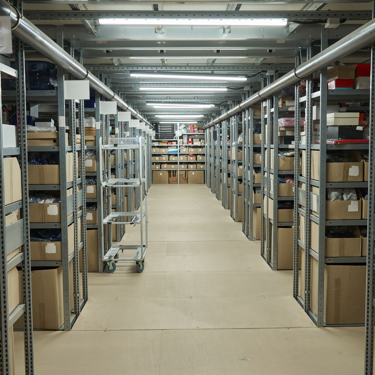 Intérieur d'entrepôt avec des rangées d'étagères remplies de boîtes et un chariot utilitaire dans l'allée.