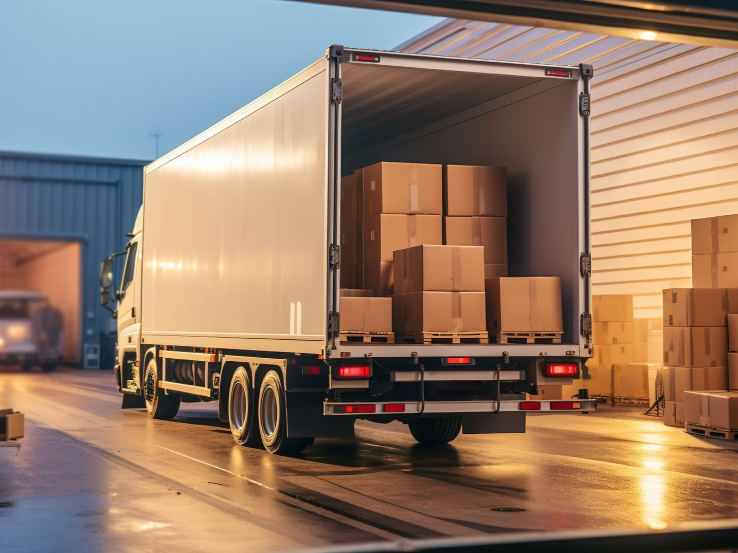 Un camion de livraison recule dans un quai de chargement, sa zone de chargement remplie de cartons.