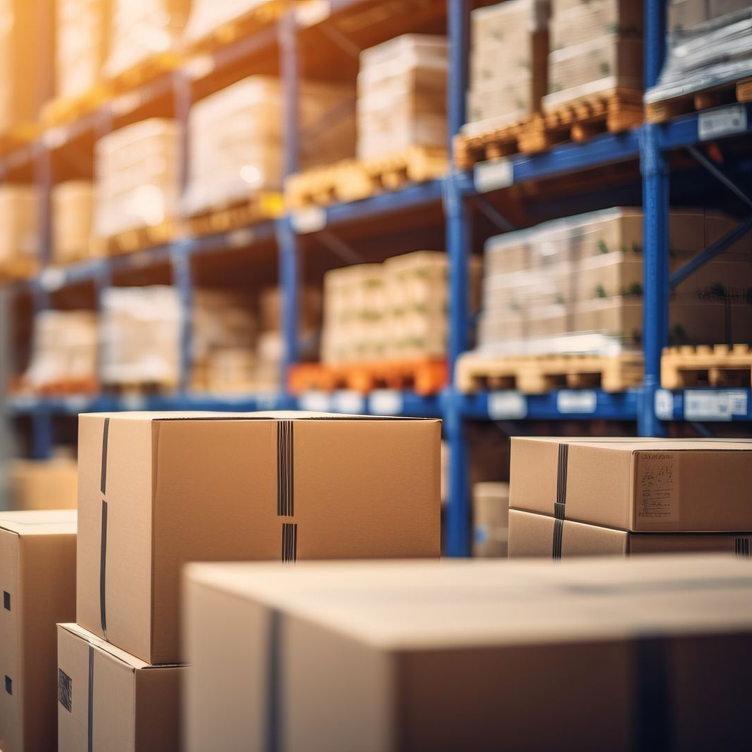 Intérieur d'entrepôt avec des boîtes en carton empilées au premier plan, des étagères remplies de boîtes en arrière-plan.