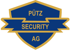 Ein Logo für die Putz Security AG mit einem Schild und einer Schleife.