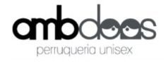 Logotipo para la peluquería unisex "Ambodoos". Letras negras y grises, y ojos estilizados.