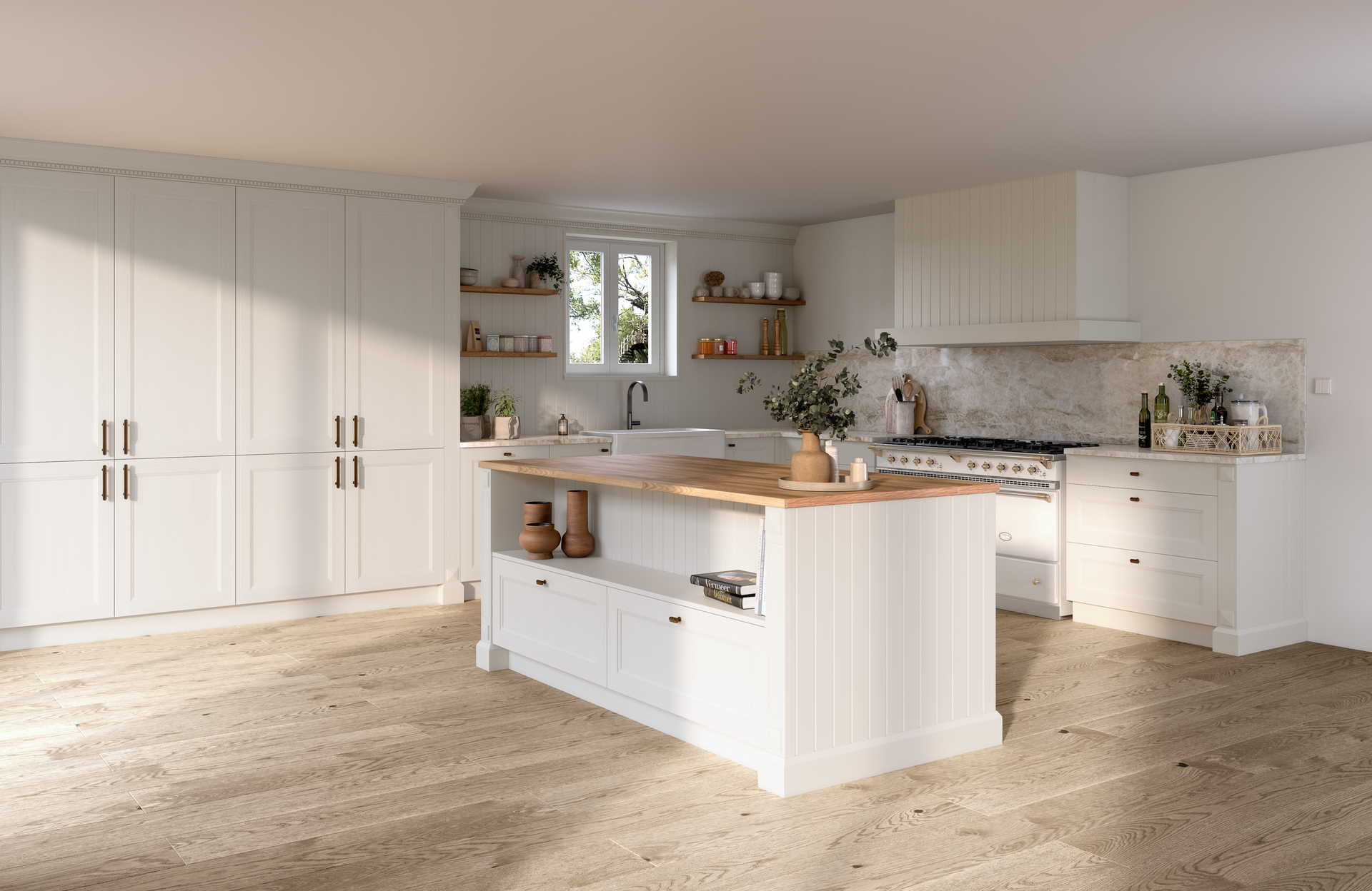 Cuisine blanche lumineuse avec grand îlot, comptoirs en bois et armoires encastrées dans un style ferme moderne