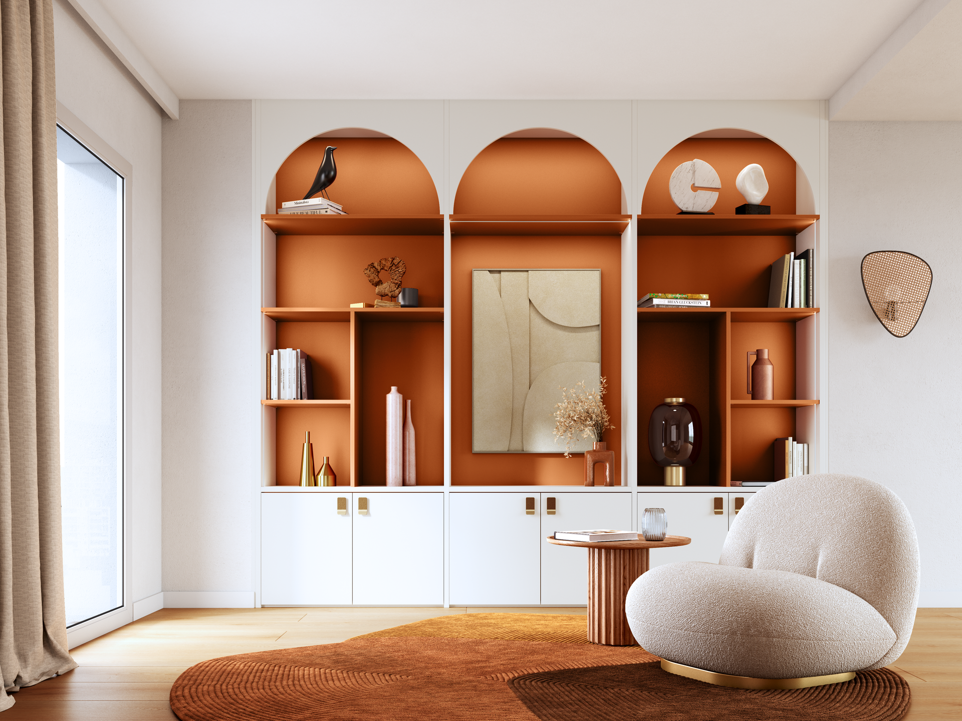 Salon minimaliste avec étagères intégrées et un fauteuil blanc confortable.