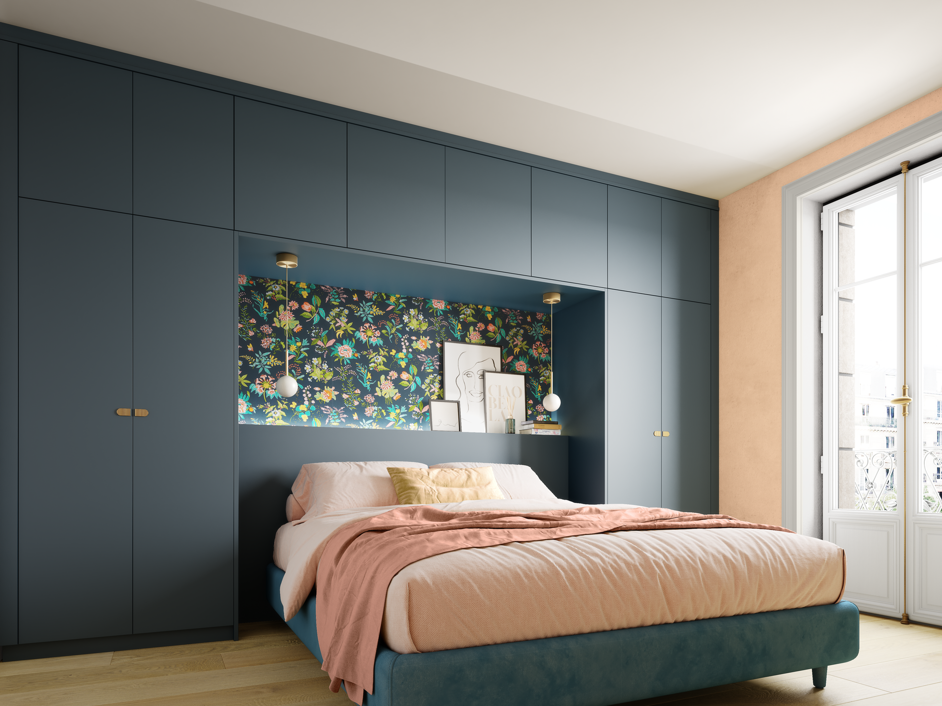 Chambre moderne avec placards intégrés et lit avec linge de lit rose.