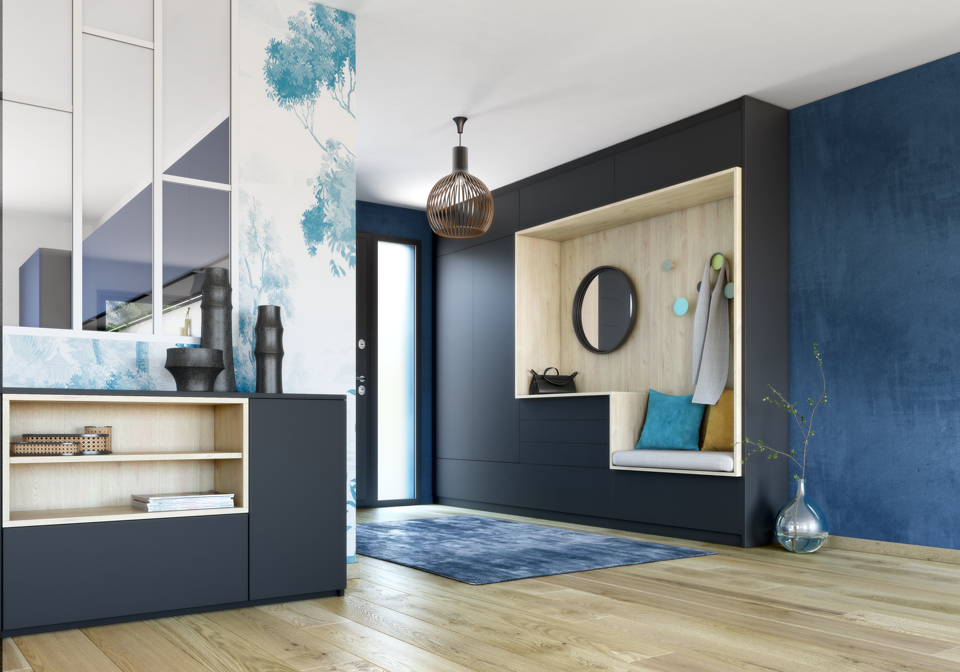 Entrée moderne avec murs bleus, parquet, miroir, banc et éclairage décoratif.