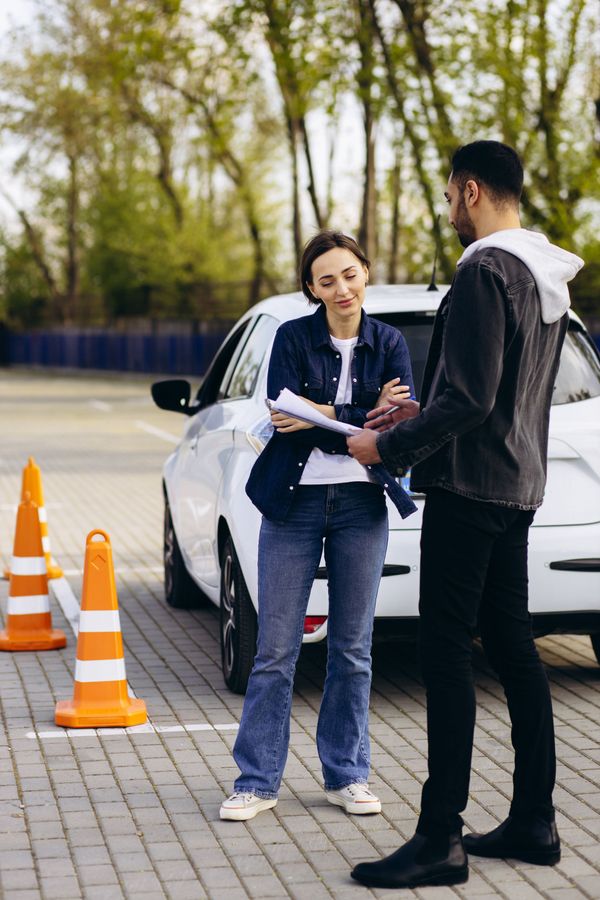 Une femme passe l'examen de conduite à l'auto-école