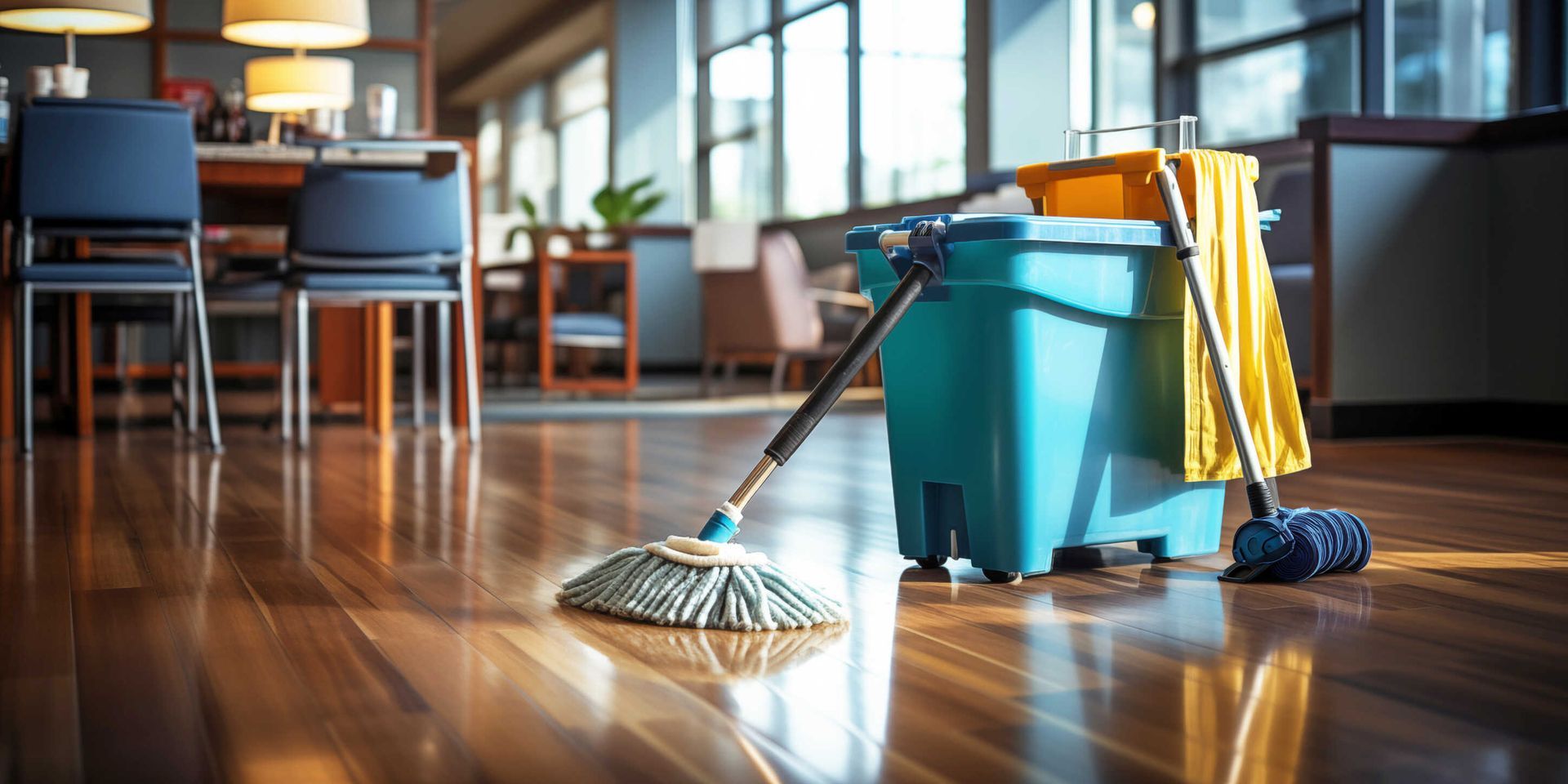 Un trapeador y un balde están sobre un piso de madera en una habitación.