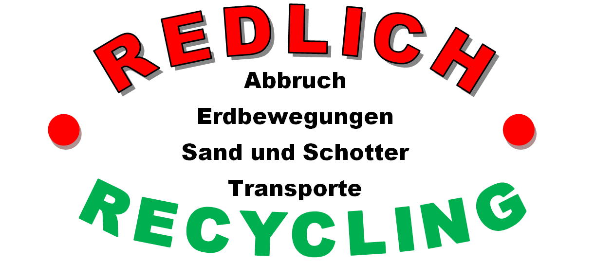 Das Logo von Redlich Recycling zeigt den roten Schriftzug &bdquo;Redlich&ldquo; und den gr&uuml;nen Schriftzug &bdquo;Recycling&ldquo;; es werden die angebotenen Dienstleistungen aufgelistet.