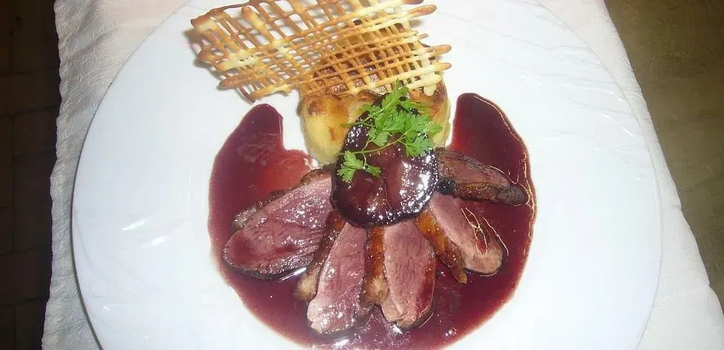 Photo d'un plat dressé avec de la viande, de la sauce et une purée de pommes de terre.