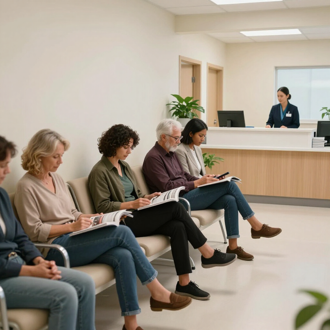 Sala de espera con personas sentadas rellenando formularios, mientras una recepcionista las atiende en el mostrador