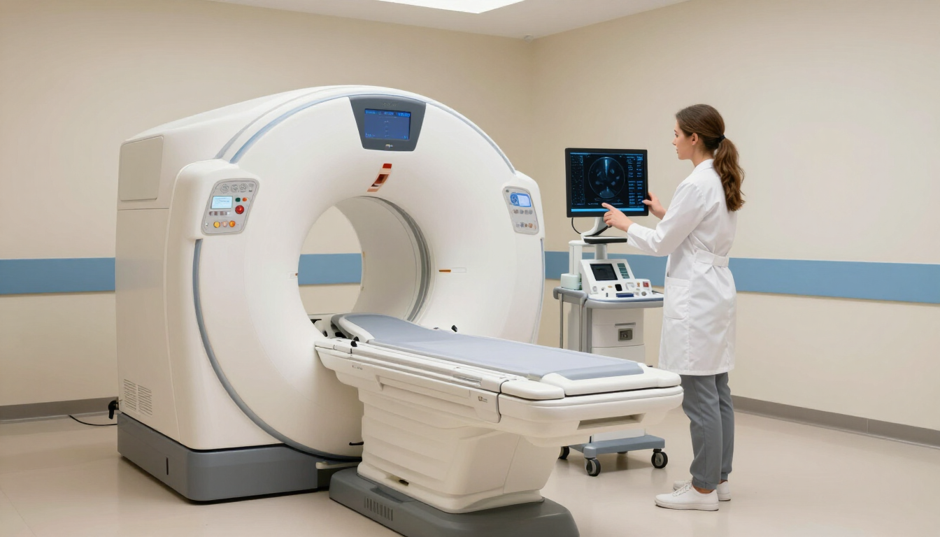 Escáner de tomografía computarizada en un hospital, con un técnico médico junto a la camilla del paciente en una sala clínica