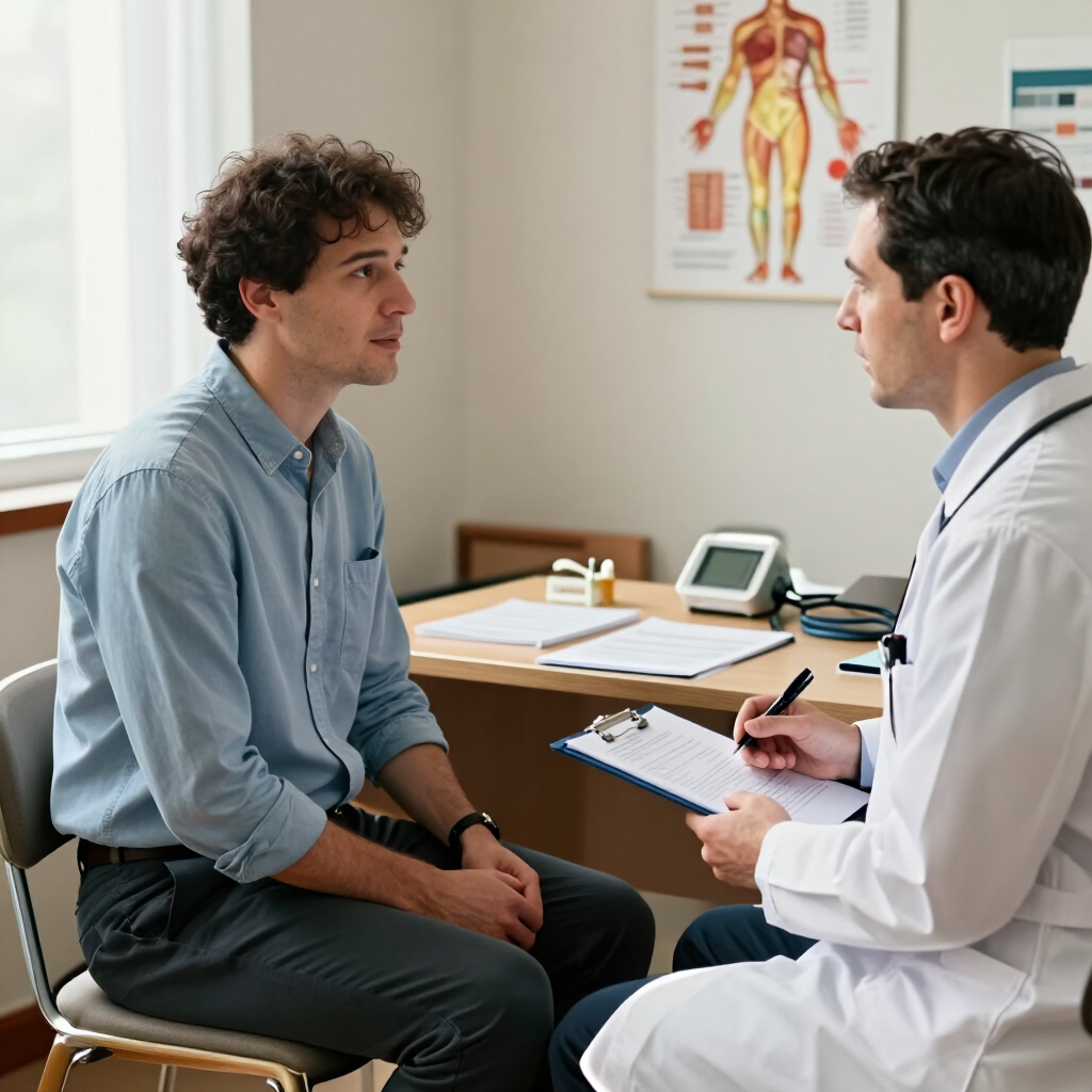 Un paciente hablando con un médico durante una consulta médica en una sala de exploración luminosa