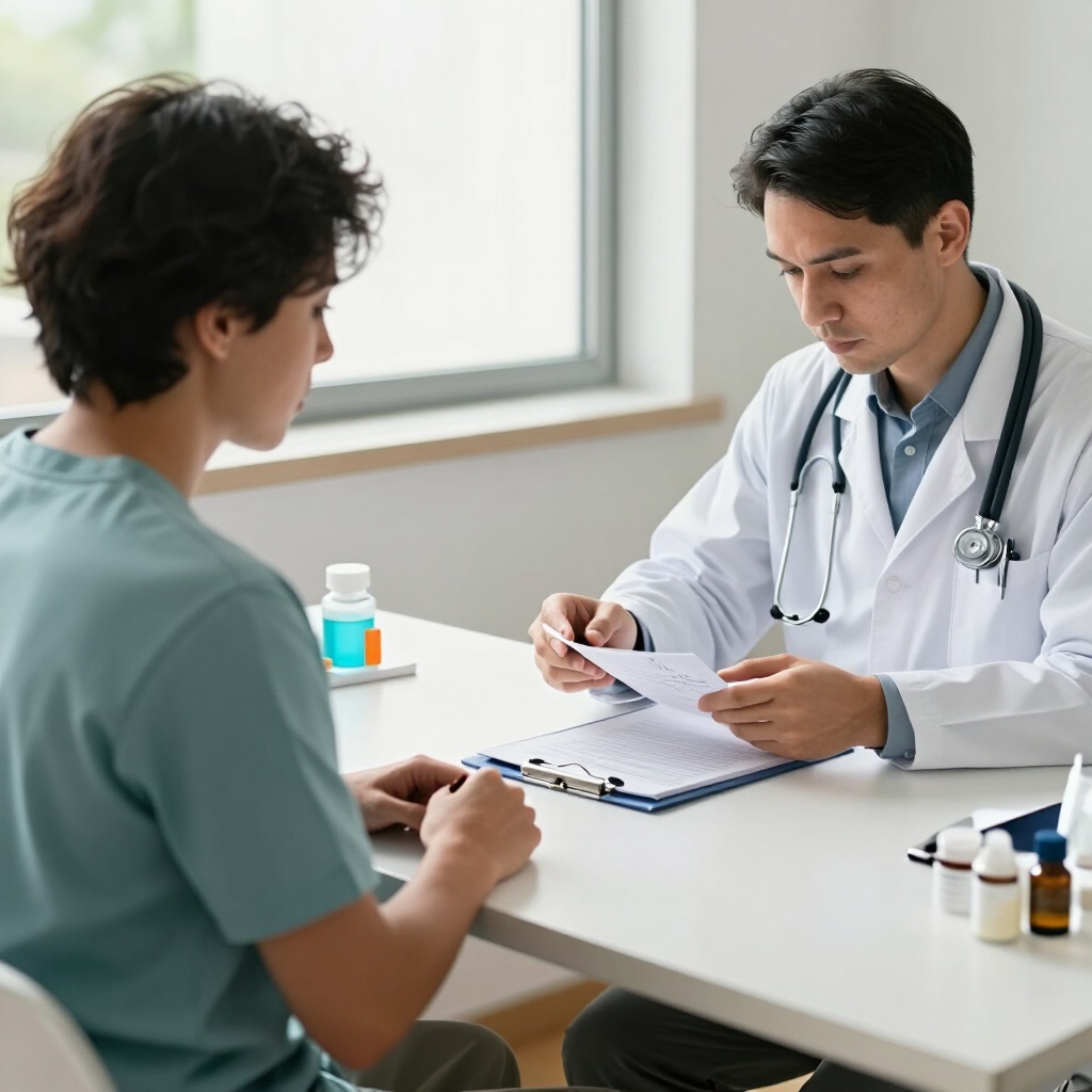 Un médico atiende a un paciente en su escritorio y revisa unos documentos en una consulta luminosa.
