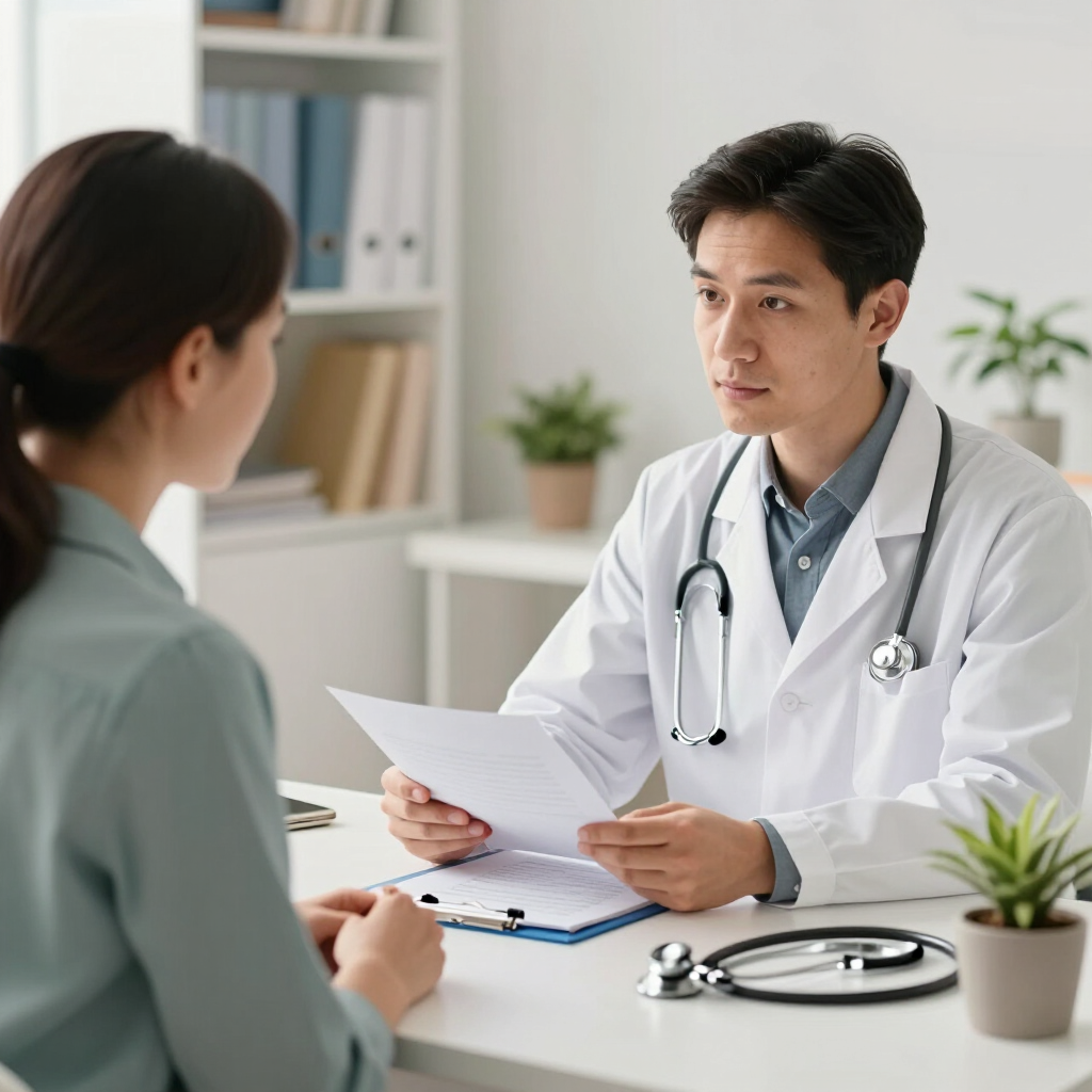 Médico revisando documentos con un paciente en una consulta luminosa