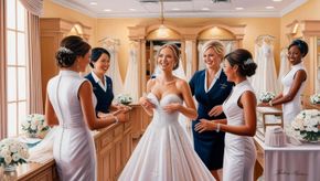 Un gruppo di donne è in piedi attorno a una sposa in abito da sposa.