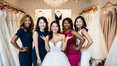 Un gruppo di donne posa per una foto in un negozio di abiti da sposa.