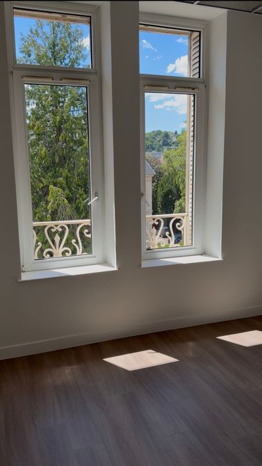 Pièce vide et ensoleillée avec deux hautes fenêtres, des moulures blanches et un parquet.