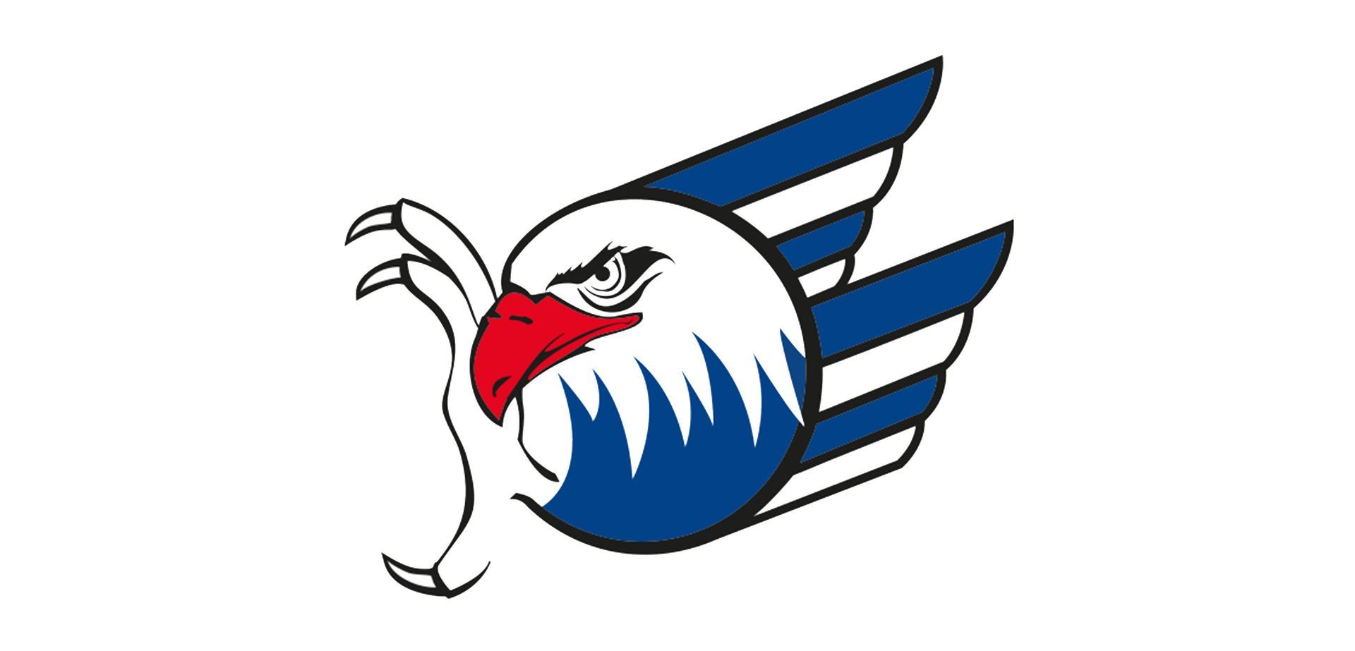 Ein blau-weiß-roter Adler mit Flügeln auf weißem Hintergrund.