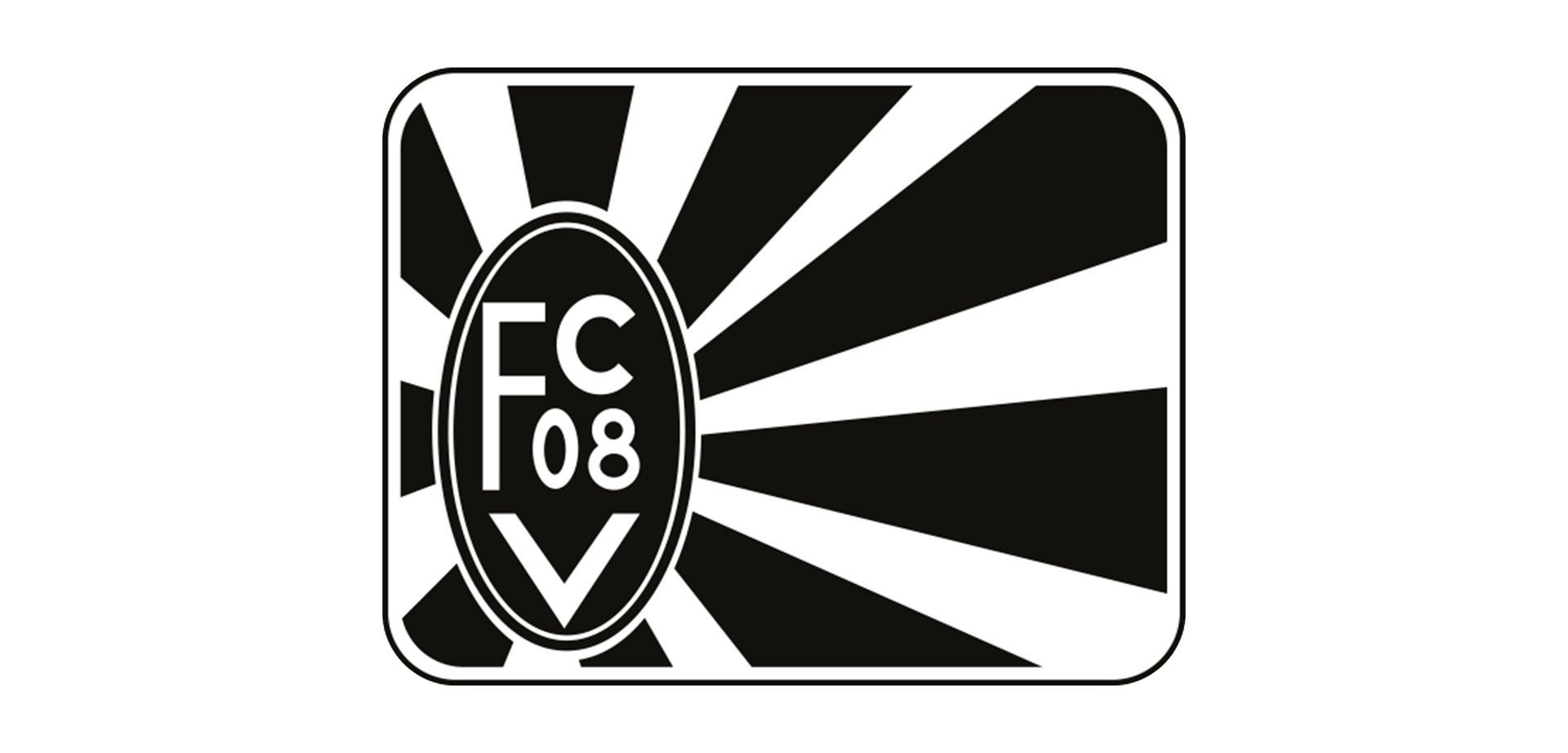 Ein schwarz-weißes Logo für den FC 08 mit einem Sonnenstrahl im Hintergrund