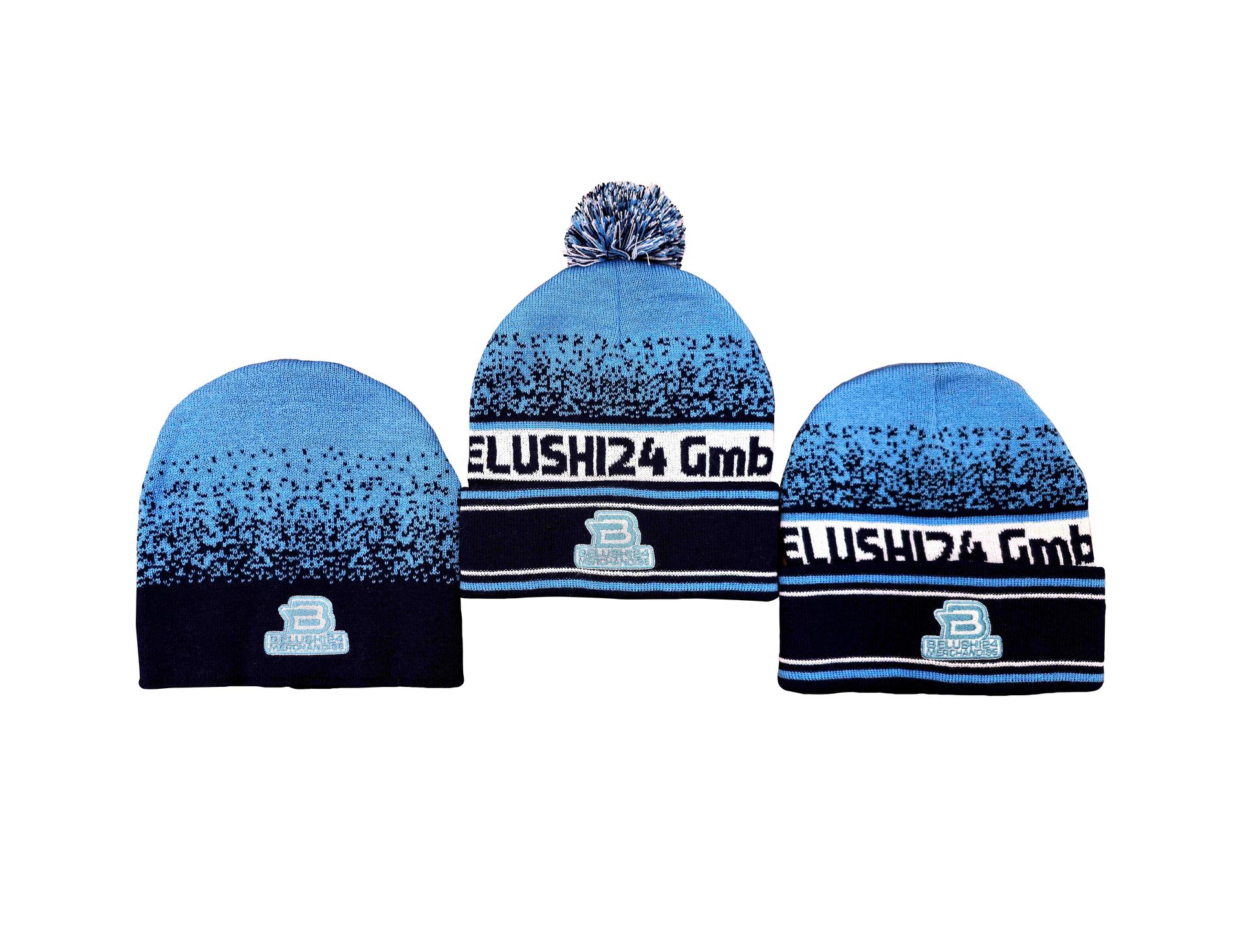 Drei blaue und schwarze Beanies mit der Aufschrift „ellshida gmb“