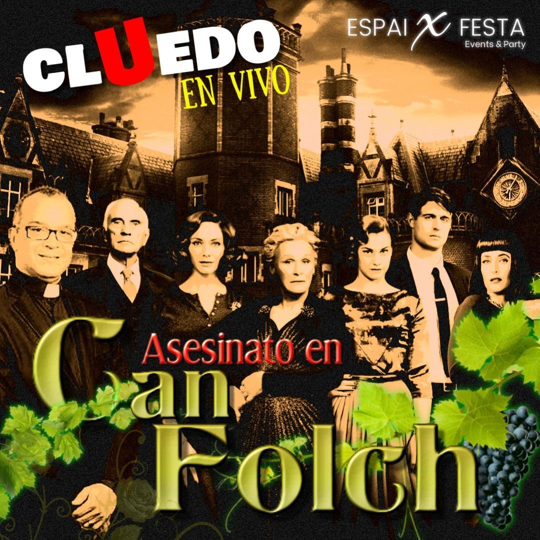 Cartel del evento en directo de Clue: Grupo de actores con el logo de 