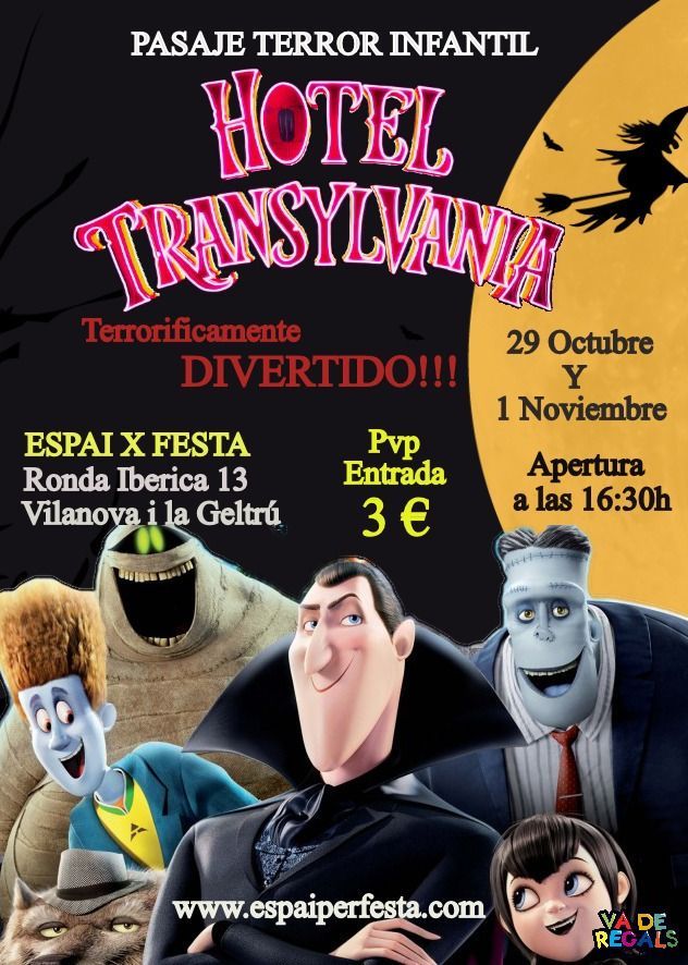 Póster de Halloween con temática de Hotel Transilvania. Incluye personajes de dibujos animados, texto, fecha, hora y lugar.