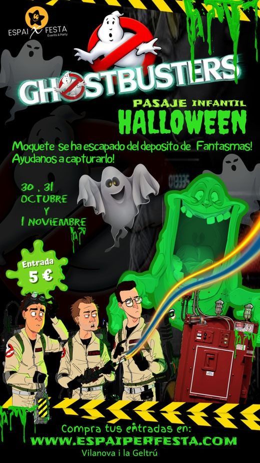 Póster del evento de Halloween de los Cazafantasmas. Presenta fantasmas de dibujos animados, los Cazafantasmas y slime. 
