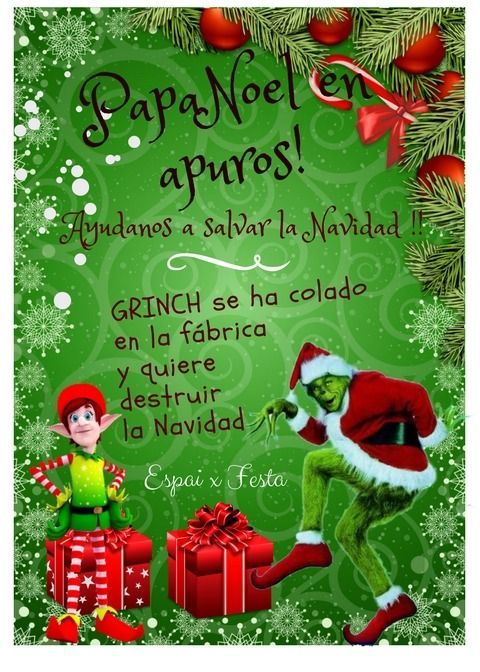 Póster: El Grinch intenta destruir la Navidad. El duende de Papá Noel y sus regalos a la izquierda