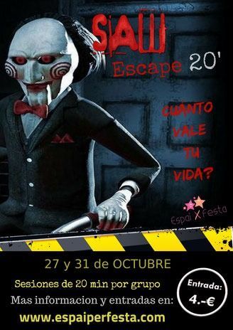 Póster para una sala de escape de SAW. Muñeco rompecabezas