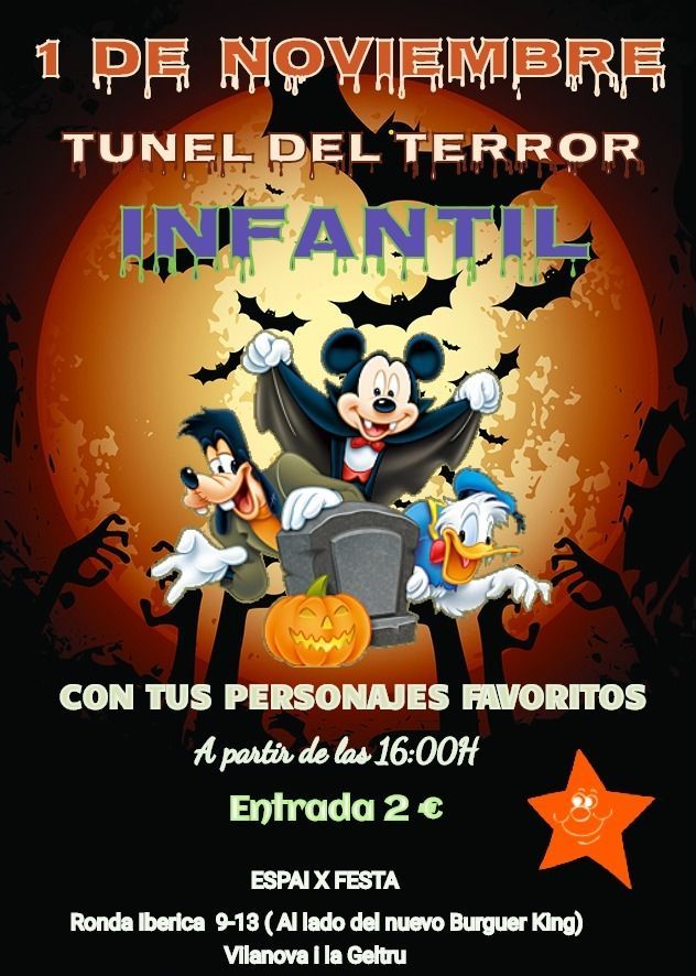 Cartel del evento de Halloween con Mickey Mouse, Goofy y el Pato Donald, frente a una luna llena.