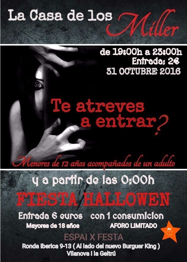 Folleto del evento de Halloween: temática oscura, rostro de mujer, invita a la gente a entrar. 