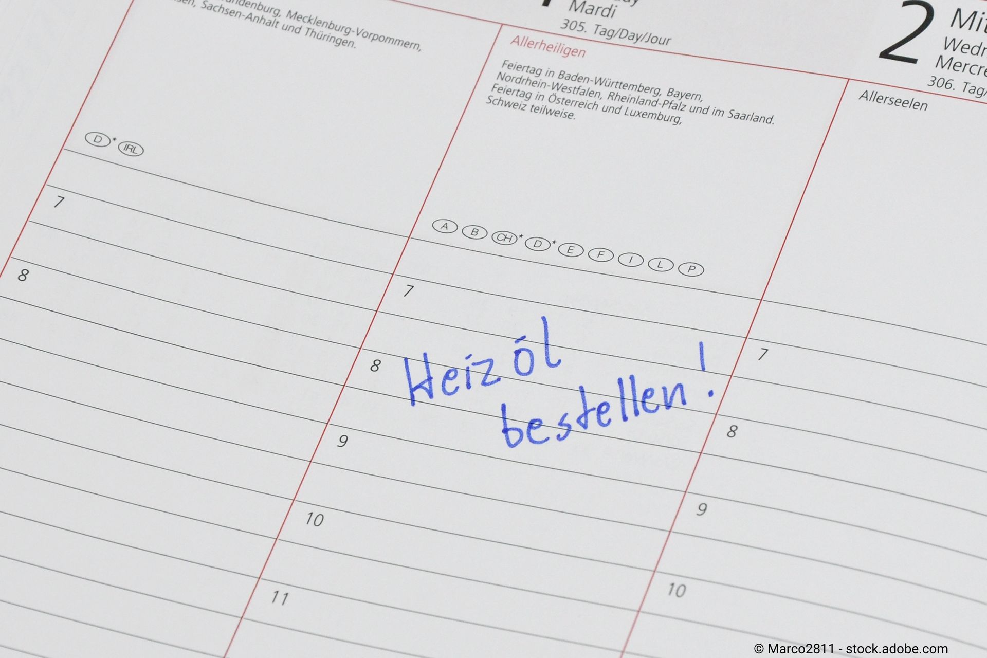Kalender mit der Notiz: Heizöl bestellen!