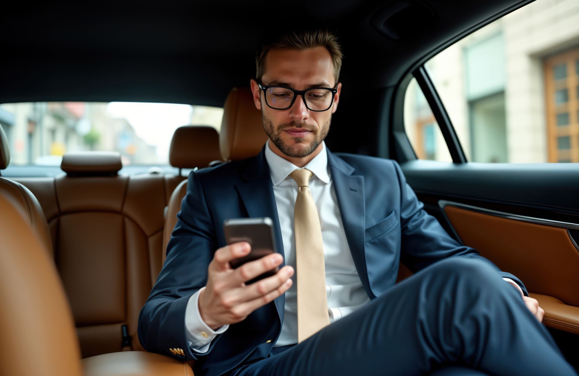 Un homme avec un smartphone à l'arrière d'une voiture.