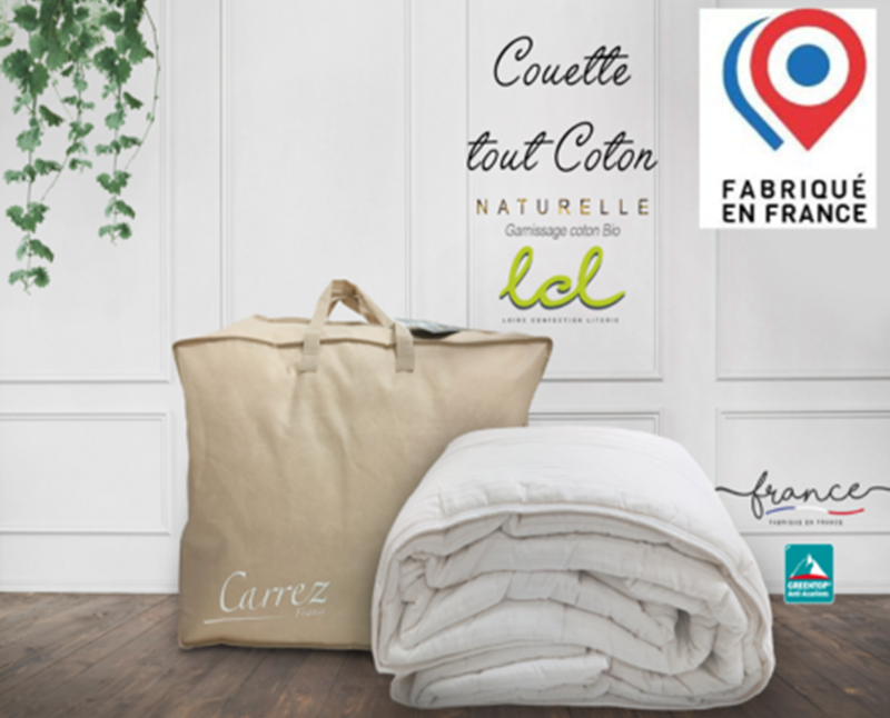 Couette tout coton. Naturelle. Garnissage coton bio. Fabriquée en France. Marque Carrez