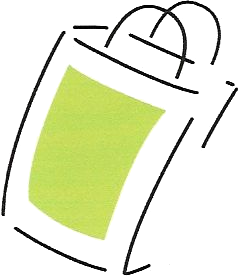 Un dessin d'un sac de courses vert et blanc avec une poignée.