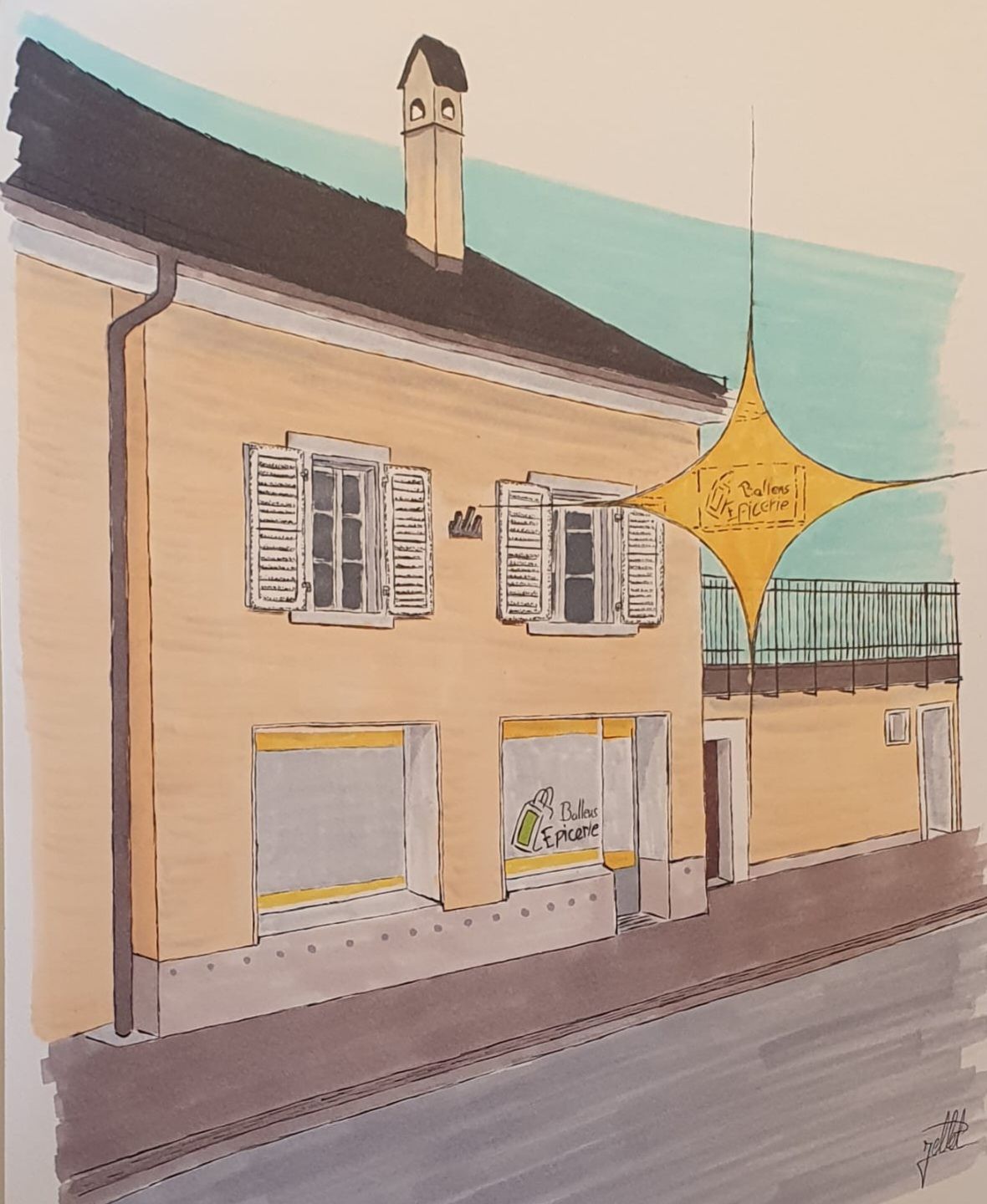 Un dessin d'un bâtiment avec un panneau indiquant SOS