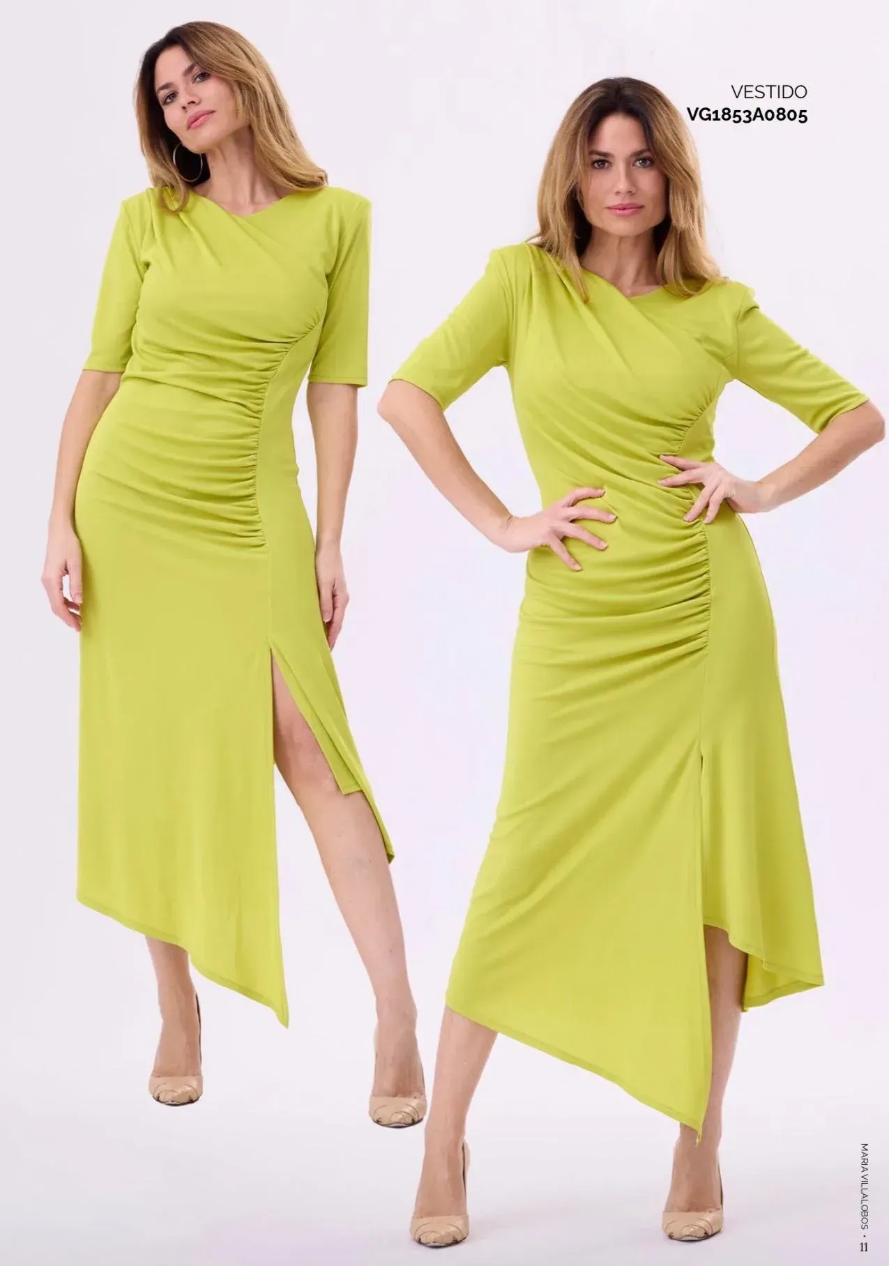 Dos vistas de una mujer luciendo un vestido midi fruncido de color verde lima con abertura lateral y mangas cortas.