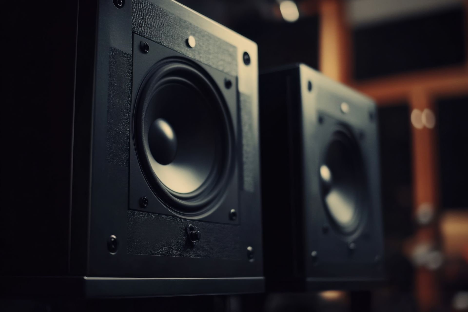 Deux haut-parleurs noirs, rapprochés. Faible profondeur de champ ; fond en bois.