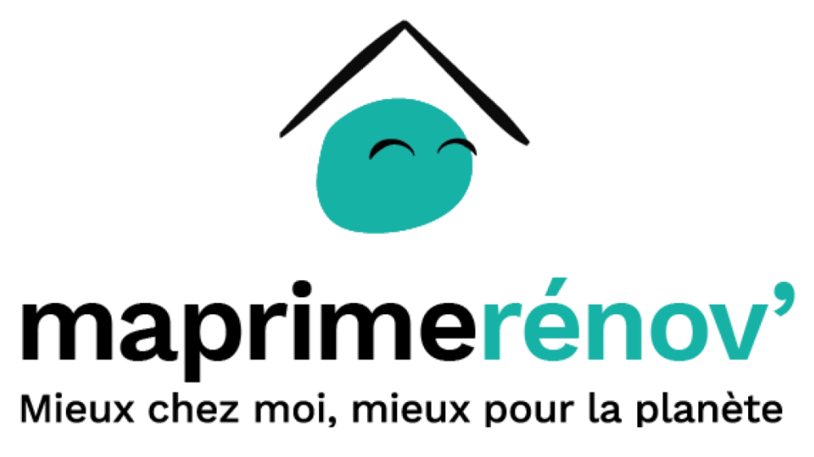 Logo for MaPrimeRénov: turquoise blob under a house outline, text reads