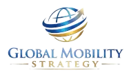 Logotipo para la Estrategia de Movilidad Global que presenta un globo terráqueo estilizado con una flecha azul y dorada que lo rodea.