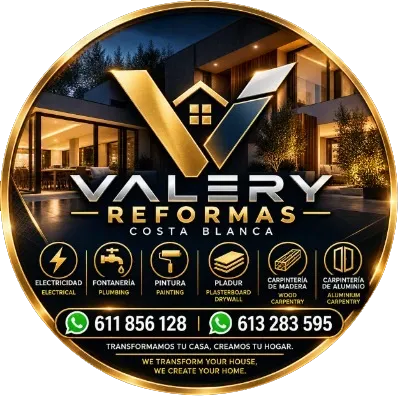Logotipo de Valery Reforms en un anuncio circular negro y dorado con servicios de renovaci&oacute;n y tel&eacute;fonos de contacto