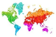 Un mapa colorido del mundo hecho de triángulos sobre un fondo blanco.