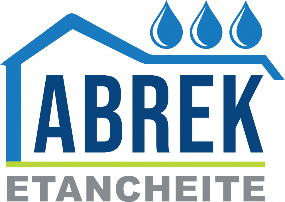 Logo ABREK Étanchéité en bleu et gris avec des icônes de toit et de goutte d’eau