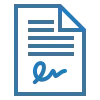 Icône de document bleue avec un coin plié et une ligne de signature en bas