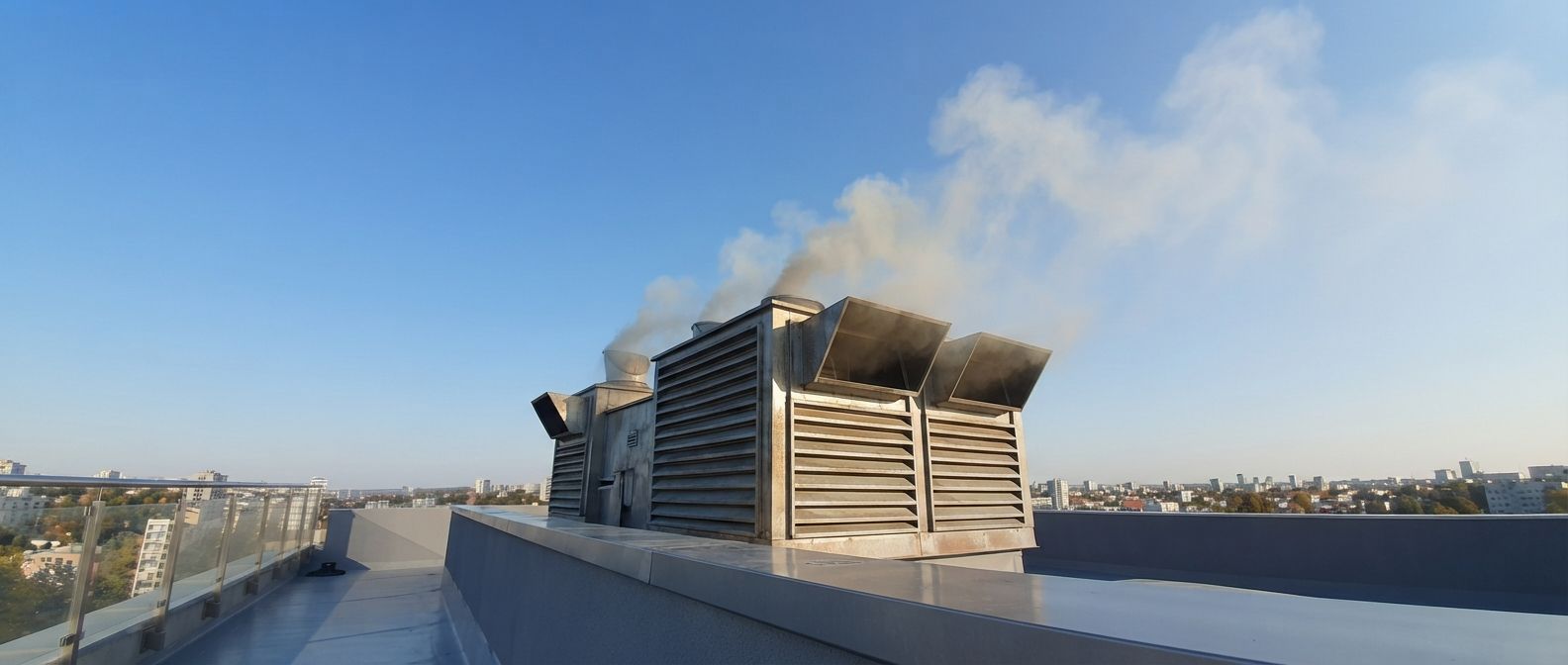 Unité de climatisation sur un toit plat, avec la ville à l’horizon sous un ciel bleu