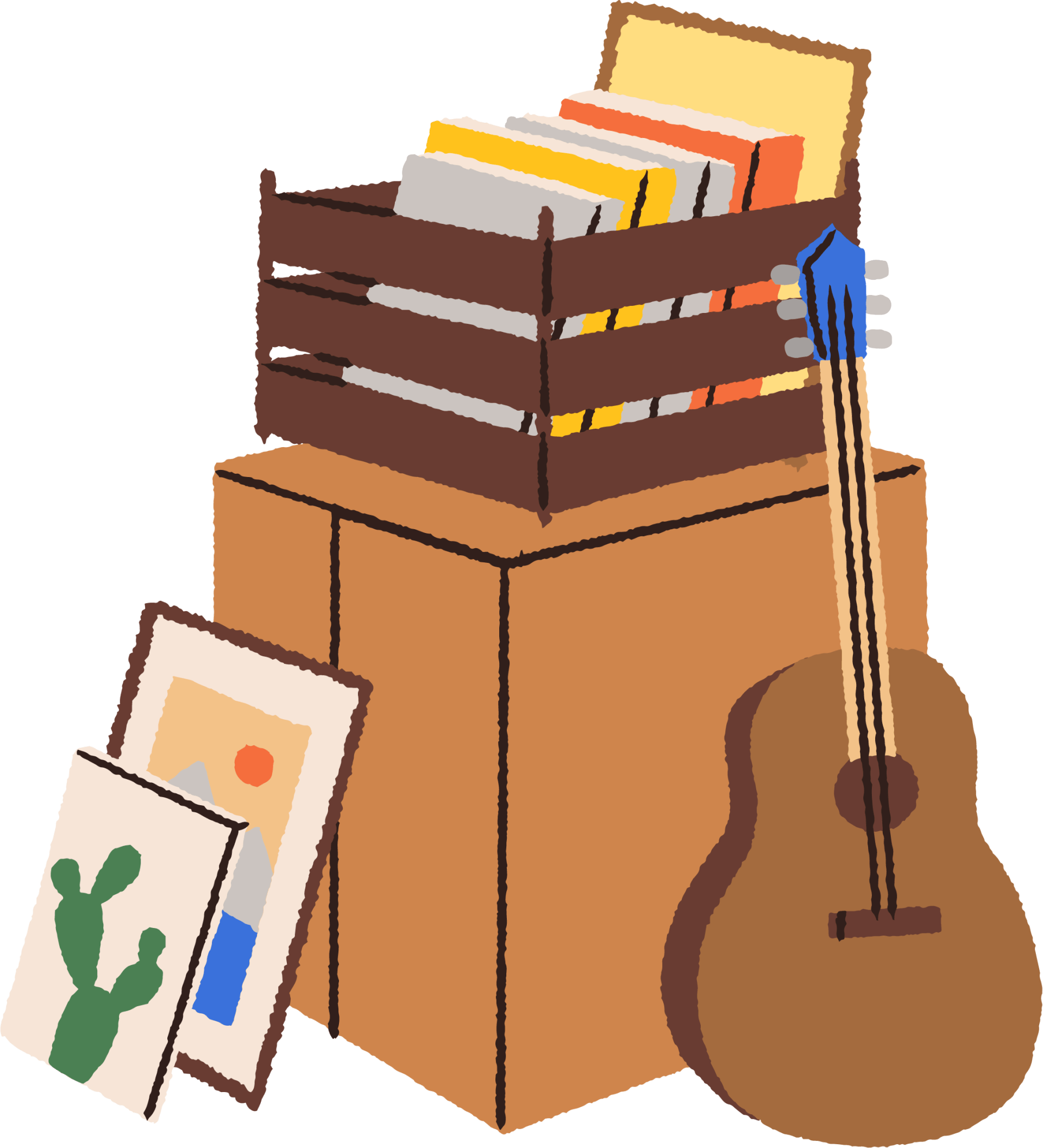 Illustration, composition avec un gros carton, une caisse de cadres, des tableaux et une guitare