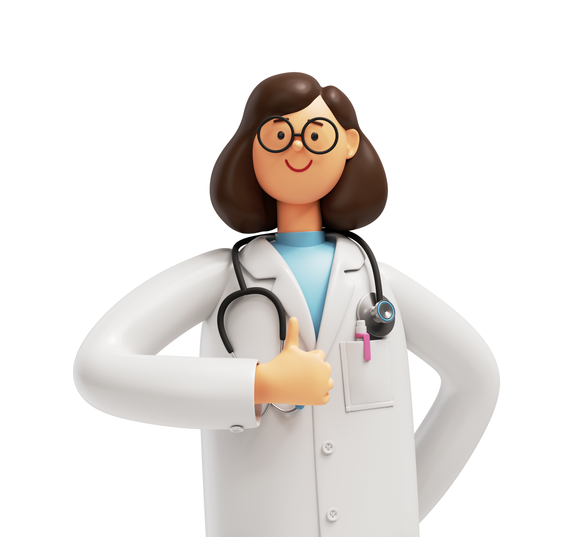 Un médecin de dessin animé avec des lunettes et un stéthoscope lève le pouce.